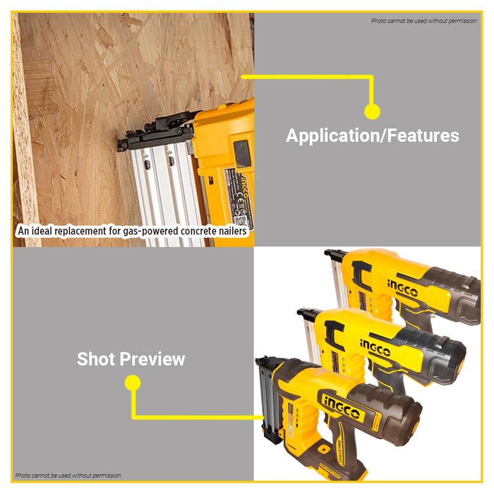 BUILDMATE Ingco Lithium-Ion Cordless 20V Brad Nailer Kit 15mm-50mm Woodworking Pin Nailer Driver Bradder Nailing Tool - ICPT