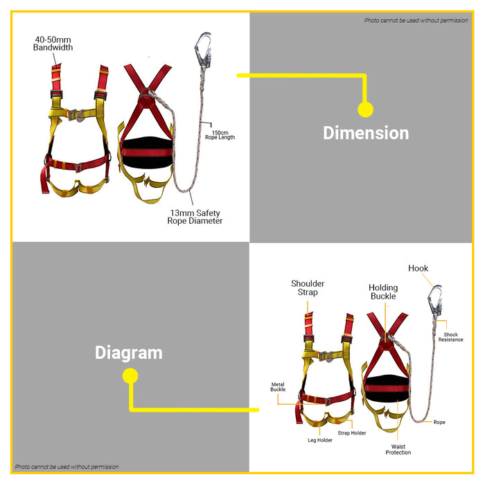 BUILDMATE Powerhouse Full Body Safety Harness with Adjustable Belt and Hook Ø13mm x 150cm Fall Arrest Protection Personal Safety Harness Belt - PHHT