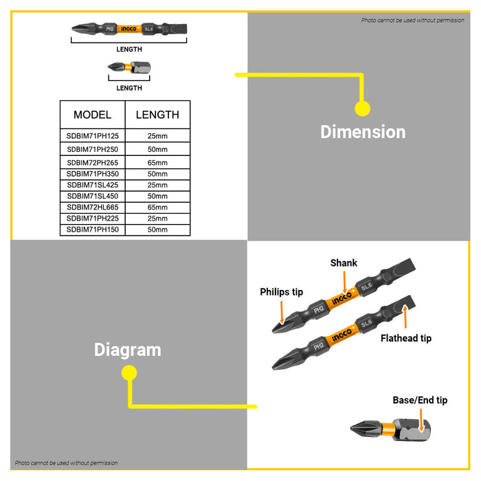 BUILDMATE Ingco 2PCS/SET Impact Screwdriver Bits 25MM - 65MM Black Surface with Magnet Phillips IHT
