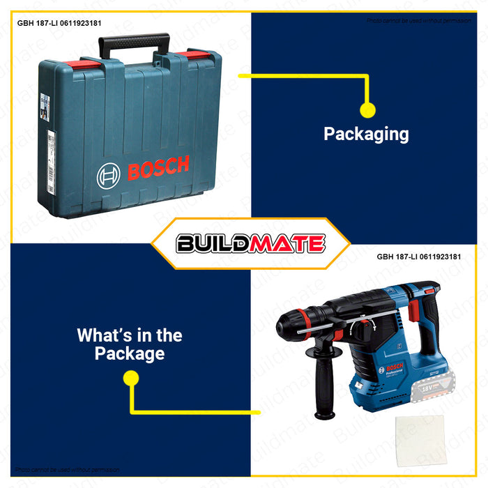 BUILDMATE Bosch Cordless Rotary Hammer Drill 18V 24mm SDS PLUS with One Chuck Concrete Breaker Chipping Gun Engraver GBH187-LI 06119231K0 | 0611923181 | 100% ORIGINAL / AUTHENTIC • BLC
