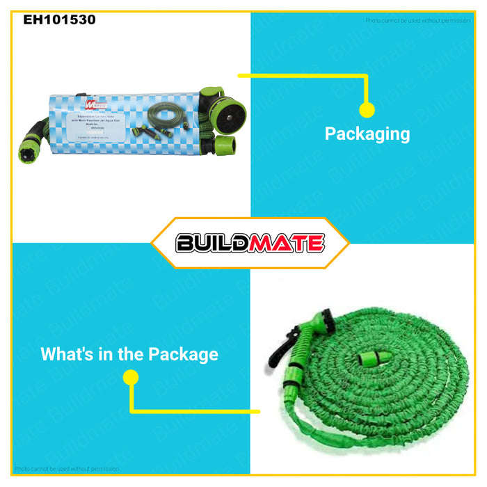 BUILDMATE Meco Expandable Garden Hose with Multi-Function Jet Water Gun Up to 30M Water Garden Hose with Hose Spray Set Garden Hose Spray Nozzle Gun Watering Plants, Car Wash Garden Tools EH101530 •