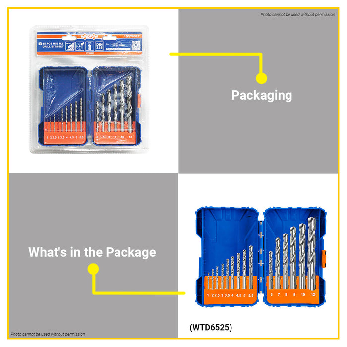 BUILDMATE Wadfow 15pcs HSS / M2 Steel Drill Bits Set 1mm-12mm Metalworking Twist Drill Heavy Duty High-Speed Steel Drilling Set - WHT