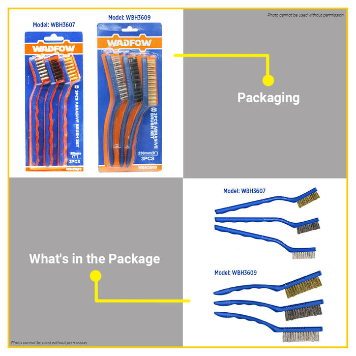 BUILDMATE Wadfow 3pcs Abrasive Brush Set 7" / 9" Abrasive Nylon Brass Steel Bristles Rust Removal Paint Scrubbing Cleaning Polishing Brush Set - WHT