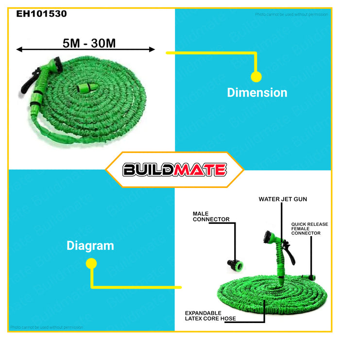 BUILDMATE Meco Expandable Garden Hose with Multi-Function Jet Water Gun Up to 30M Water Garden Hose with Hose Spray Set Garden Hose Spray Nozzle Gun Watering Plants, Car Wash Garden Tools EH101530 •