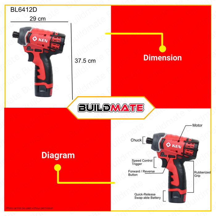 BUILDMATE Ken Industrial Heavy Duty Cordless Impact Driver 12V 2.0Ah Lithium-Ion Cordless Screwdriver Set Impact Driver/Drill Handle Screwdriver Drill with FREE Quick-Change Shank BL6412D