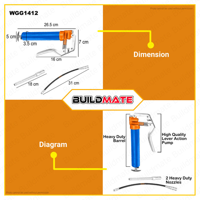 BUILDMATE Wadfow Grease Gun Pump 120CC | 400CC [SOLD PER SET] Manual Tube Grease Gun Greasing Tools with Flexible Hose Lever Metallic Bend Spout Action Grease Gun Automotive Grease Gun WGG1412 | WGG2540 • WHT