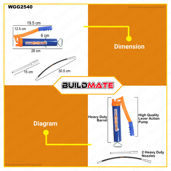 BUILDMATE Wadfow Grease Gun Pump 120CC | 400CC [SOLD PER SET] Manual Tube Grease Gun Greasing Tools with Flexible Hose Lever Metallic Bend Spout Action Grease Gun Automotive Grease Gun WGG1412 | WGG2540 • WHT