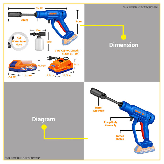 BUILDMATE Wadfow 20V Cordless Pressure Washer 24.5 Bar 2-Pattern Rechargeable Car Wash Water Spray Gun Power Washer Cleaner Sprayer Cleaning Tool - ICPT