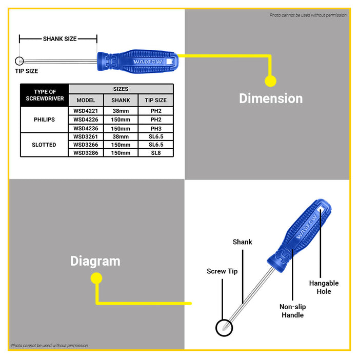 BUILDMATE Wadfow Screwdriver Phillips Cross / Slotted Flat Head Round Shank Magnetic Fastening Repair Hand Tools Screw Driver SOLD PER PIECE - WHT