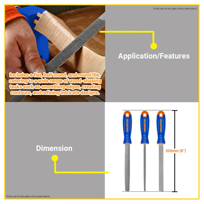 BUILDMATE Wadfow 3pcs 8" Wood File Set Round / Flat / Half-Round Multi-Purpose Woodworking Shaping Rasp Filing Tool Kit WSF1403 - WHT