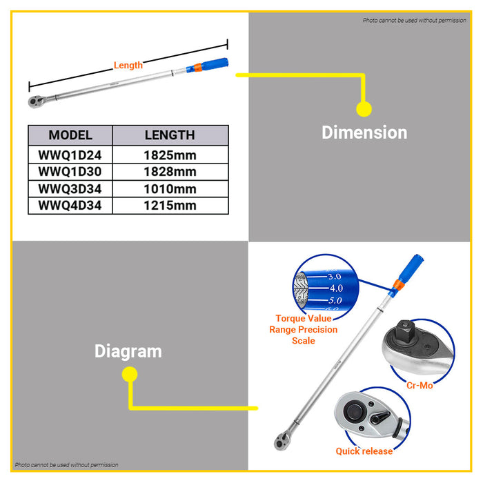 BUILDMATE Wadfow 1" / 3/4" Preset Torque Wrench Cr-V+Cr-Mo Chrome Plated Pre-calibrated Torque Socket Wrench Nut Bolt Remover Repair Hand Tools - WHT