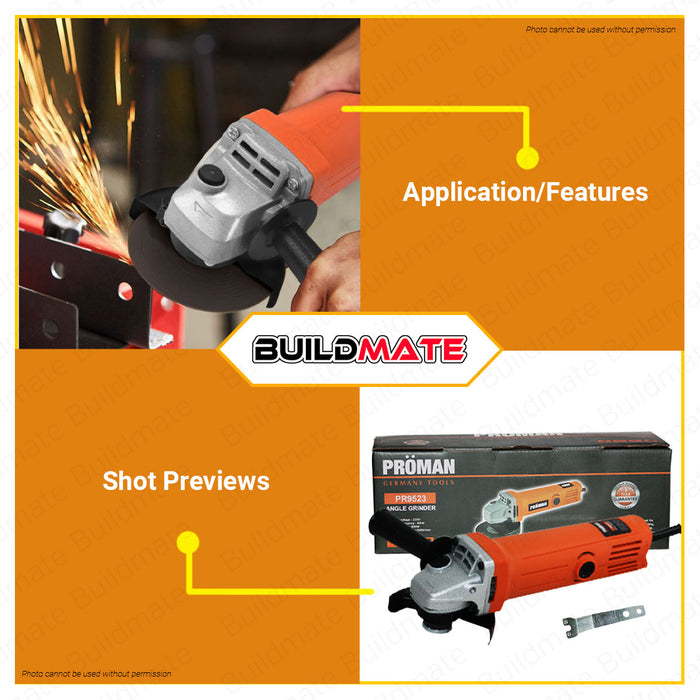 BUILDMATE Proman German Electric Angle Grinder 800W 100mm WITH BOX | WITHOUT BOX Electric Grinder Cutting Machine Grinding Wheels Quick Release For Cutting Wood, Metal, Stainless Steel Cutter Grinding Polishing Grinding PR9523