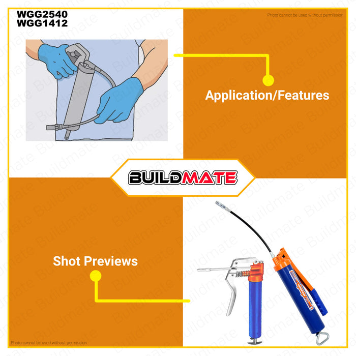 BUILDMATE Wadfow Grease Gun Pump 120CC | 400CC [SOLD PER SET] Manual Tube Grease Gun Greasing Tools with Flexible Hose Lever Metallic Bend Spout Action Grease Gun Automotive Grease Gun WGG1412 | WGG2540 • WHT