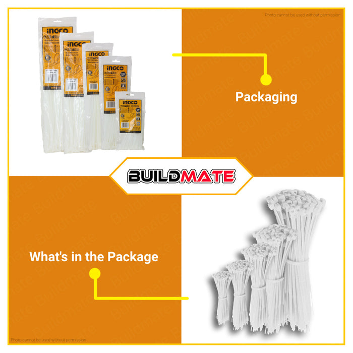 BUILDMATE Ingco 100PCS/SET Cable Ties 550MM - 750MM [SOLD PER PACK] White Cable Tie Self Locking Cable Ties Zip Ties Nylon Tie Wraps Multi-Purpose Variety Wire Ties Electrical Cable Ties HCT55090 | HCT72090 | HCT76090 • IHT