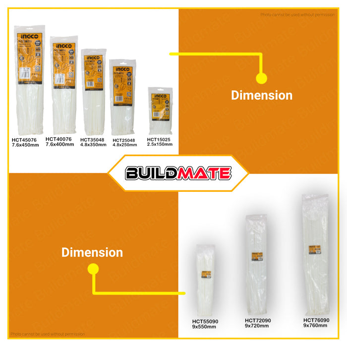 BUILDMATE Ingco 100PCS/SET Cable Ties 350MM - 450MM [SOLD PER PACK] White Cable Tie Self Locking Cable Ties Zip Ties Nylon Tie Wraps Multi-Purpose Variety Wire Ties Electrical Cable Ties HCT35048 | HCT40076 | HCT45076 • IHT