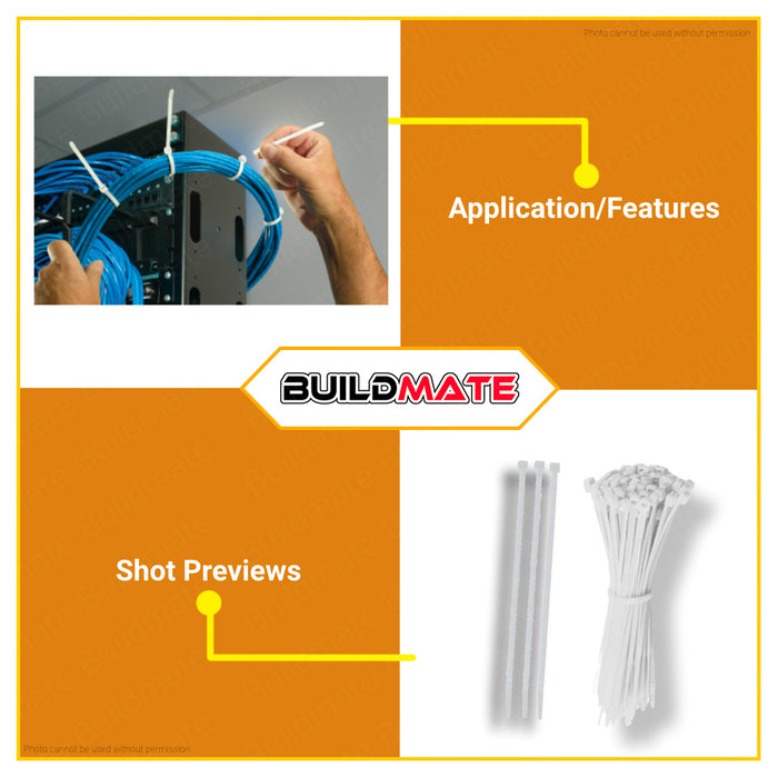 BUILDMATE Ingco 100PCS/SET Cable Ties 550MM - 750MM [SOLD PER PACK] White Cable Tie Self Locking Cable Ties Zip Ties Nylon Tie Wraps Multi-Purpose Variety Wire Ties Electrical Cable Ties HCT55090 | HCT72090 | HCT76090 • IHT