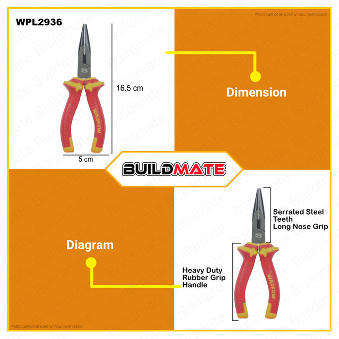 BUILDMATE Wadfow Insulated Long Nose Pliers 6" | 8" Inch  Flat Wire Cutter Hand Tool for Bending WHT