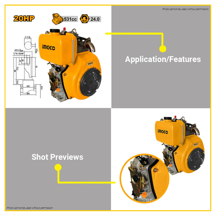 BUILDMATE Ingco 16HP - 20HP Single-Cylinder 4-Stroke Diesel Marine Engine with Stainless Pipe DEMR188FAP | DEMR192FP | DEMR195FP - IIT