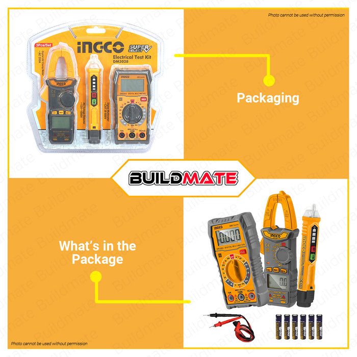 BUILDMATE Ingco 3PCS/SET Electrical Test Kit Digital Multimeter Tester Digital Clamp Meter AC Voltage Detector Multi Tester Multimeter Volt Multimeter Electric Tester DM3028 • IPT
