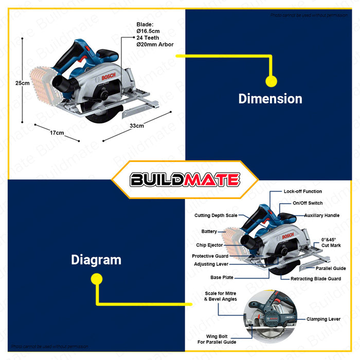 BUILDMATE Bosch Brushless 18V Cordless Circular Saw with Parallel Guide Heavy Duty Cutting Saw Wood Cutting Saw Power Saws Hand-held Circular Saw Power Tools Saw for Wood GKS185-LI 06016C12L1 • BLC