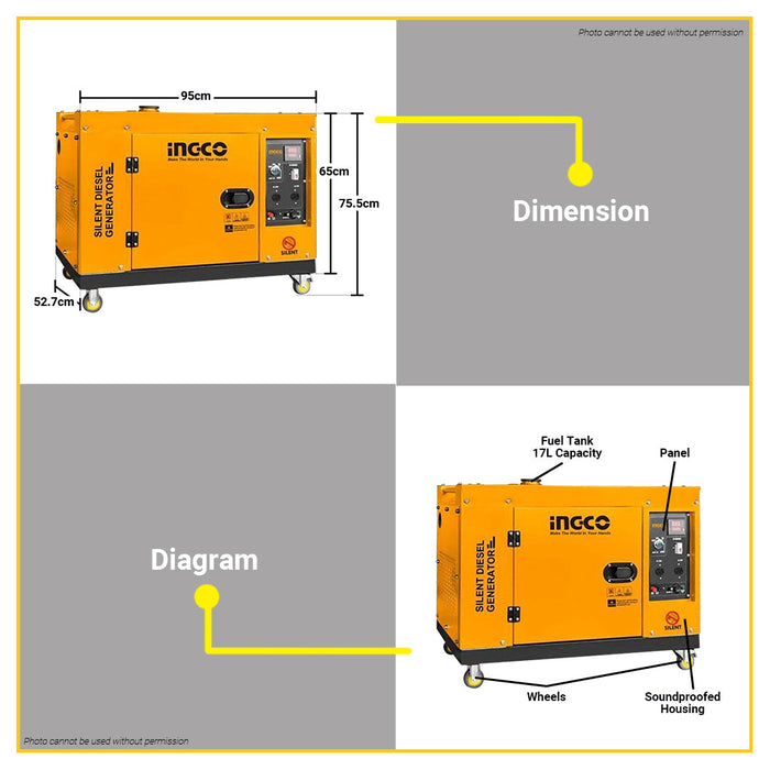 BUILDMATE Ingco 17L Silent Diesel Generator Single Phase Air-cooled 100% Copper Coil Alternator IPT