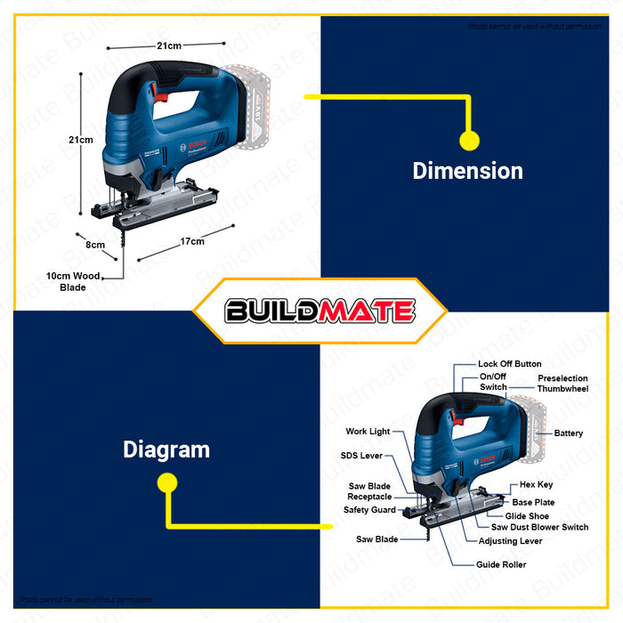 BUILDMATE Bosch Cordless Jigsaw 18V Electric Jigsaw Wood Jig Saw Wood Cutter Woodworking Wood Jig Saw Cutting Pull Hand Variable Speed GST185-LI Solo 06015B30L4 • BLC