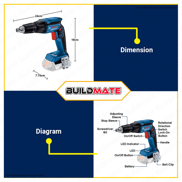 BUILDMATE Bosch Cordless Drywall Screwdriver 18V Handheld Drill with FREE Screwdriver Bit Brushless Bare Tool GTB185 LI Solo 06019K70L1 100