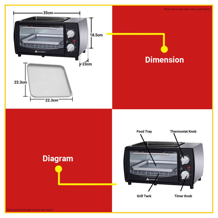 HANABISHI Oven Toaster Stainless Steel Body 10L with Griller on Top HO10GX •BUILDMATE•