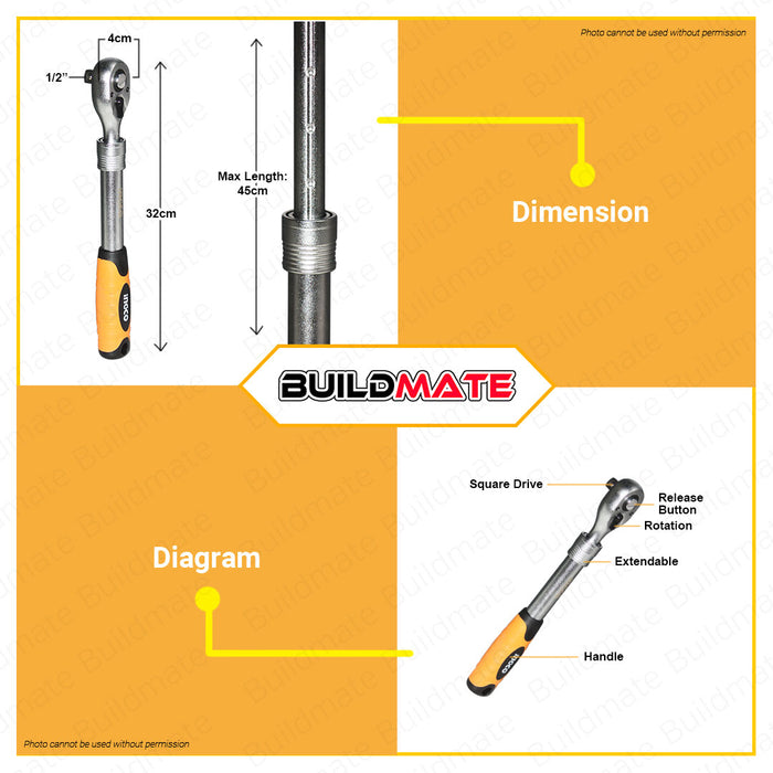 BUILDMATE Ingco Extendable Ratchet Wrench 1/2" Inch 72T Reversible Ratchet Socket Wrench Repair Tools Adjustable Wrench Automotive Tool Multi-purpose Wrench Cr-V Steel Quick Release Wrench Hand Tool HRTH08128L • IHT