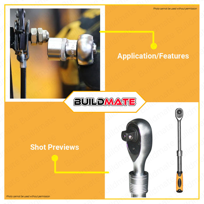 BUILDMATE Ingco Extendable Ratchet Wrench 1/2" Inch 72T Reversible Ratchet Socket Wrench Repair Tools Adjustable Wrench Automotive Tool Multi-purpose Wrench Cr-V Steel Quick Release Wrench Hand Tool HRTH08128L • IHT