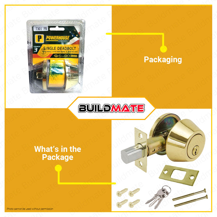 BUILDMATE Powerhouse Pro Series Single Dead Bolt Brass Finish Deadbolt Door Security Lock Single Type with 3 Keys Door Knob Lockset Doorknob Lock Set for Main Door Entrance Lockset PH7301PBSD • PHDH