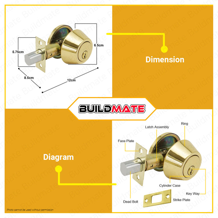 BUILDMATE Powerhouse Pro Series Single Dead Bolt Brass Finish Deadbolt Door Security Lock Single Type with 3 Keys Door Knob Lockset Doorknob Lock Set for Main Door Entrance Lockset PH7301PBSD • PHDH
