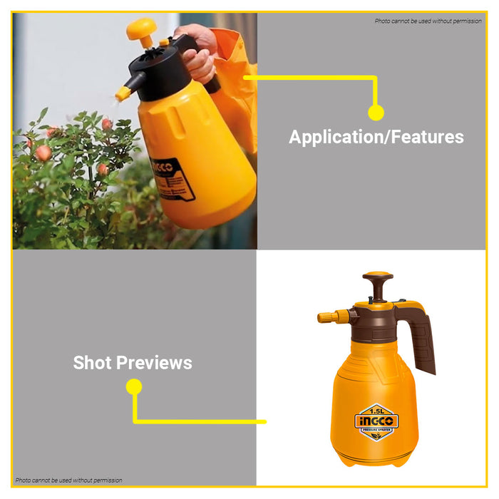 BUILDMATE Ingco Pressure Sprayer 1.5L Handheld Garden Pump Sprayer Water Spray Bottle Garden Sprayer Pressure Pump Sprayer with Adjustable Nozzle HSPP201502 • HT2