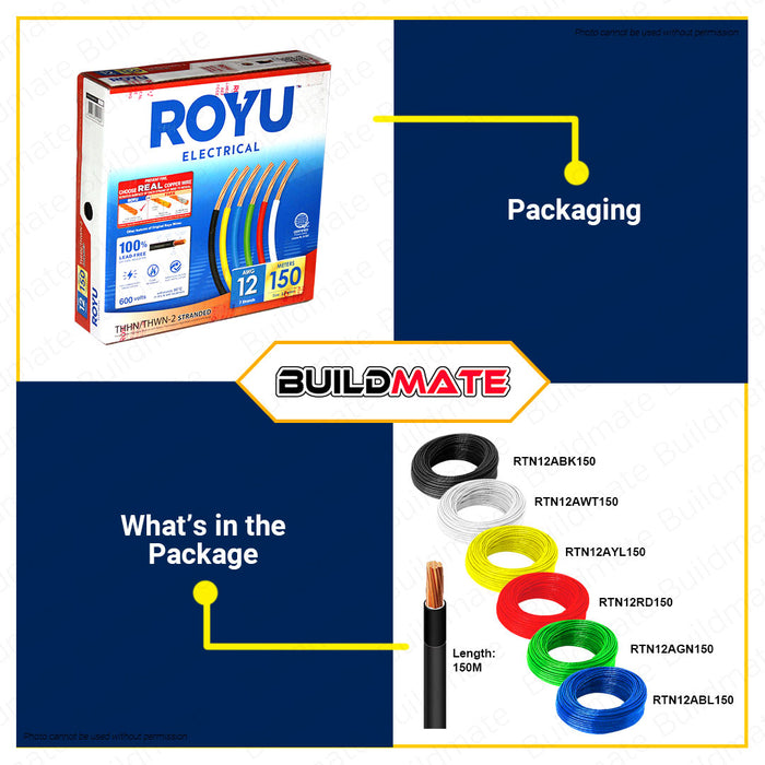 BUILDMATE Royu THHN / THWN-2 Stranded Wire Gauge #12 AWG 3.5mm2 150 Meters Electrical THHN Stranded Cable Wires Copper Lead Free Copper Wire Electrical Wire Copper Cable [SOLD PER BOX]