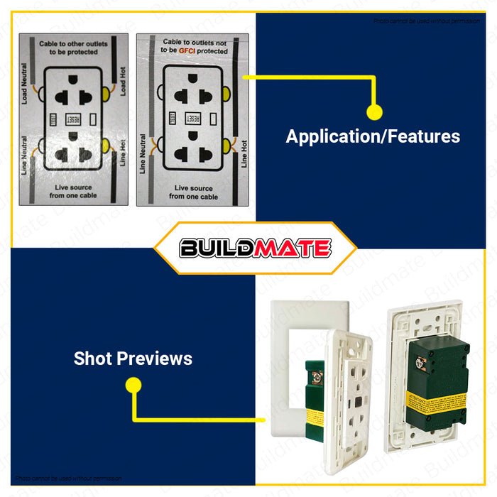 BUILDMATE Royu WD 20A Wide Series Duplex Ground Fault Circuit Interrupter GFCI Outlet Set Adaptor Socket Outlet Universal Socket Plug Adaptor Outlet Socket Outlet Plug WD933 •