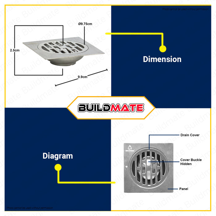 BUILDMATE Waterhouse Floor Drain Strainer 4"x4" Inch Stainless 304 Grade Modern | Flower Pattern Design [SOLD PER PIECE] Shower Drain Removable Hair Catcher Square Shower Floor Drain WH-FD01-44 | WH-FD02-44