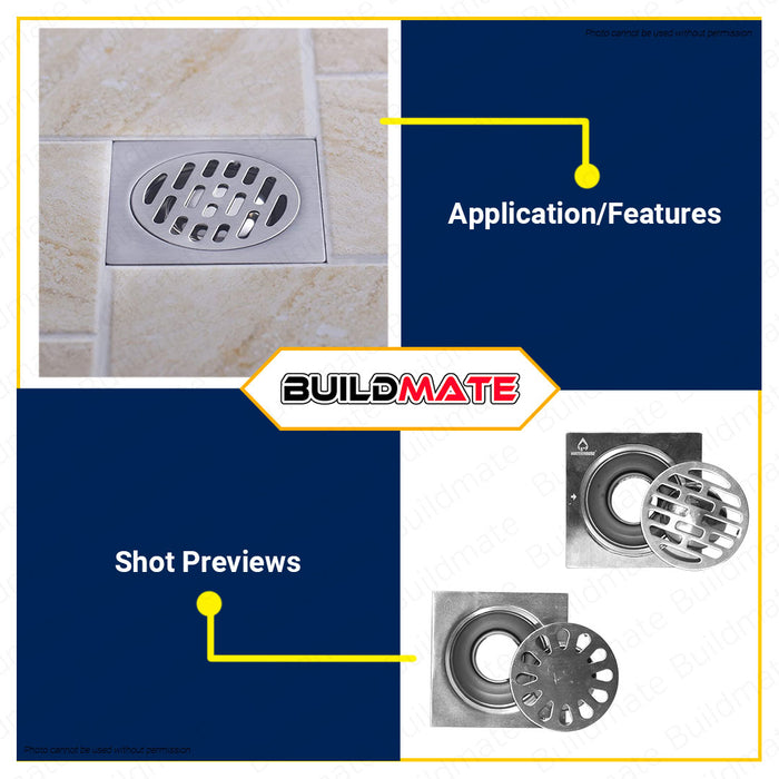 BUILDMATE Waterhouse Floor Drain Strainer 4"x4" Inch Stainless 304 Grade Modern | Flower Pattern Design [SOLD PER PIECE] Shower Drain Removable Hair Catcher Square Shower Floor Drain WH-FD01-44 | WH-FD02-44