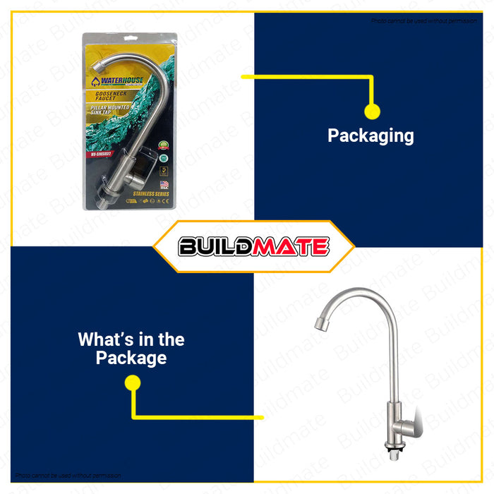 BUILDMATE Waterhouse Sink Mount Gooseneck Faucet Design F2 570G Pillar Mounted Sink Tap Stainless 304 Single Hole Bar Sink Faucet Stainless Steel Faucets For Bathroom & Outdoor WH-SINKSUSF2 •