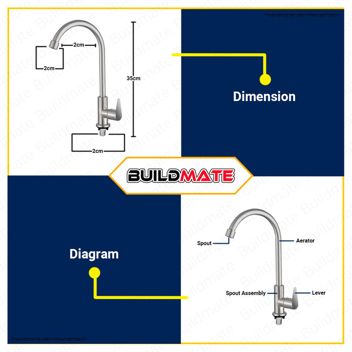 BUILDMATE Waterhouse Sink Mount Gooseneck Faucet Design F2 570G Pillar Mounted Sink Tap Stainless 304 Single Hole Bar Sink Faucet Stainless Steel Faucets For Bathroom & Outdoor WH-SINKSUSF2 •