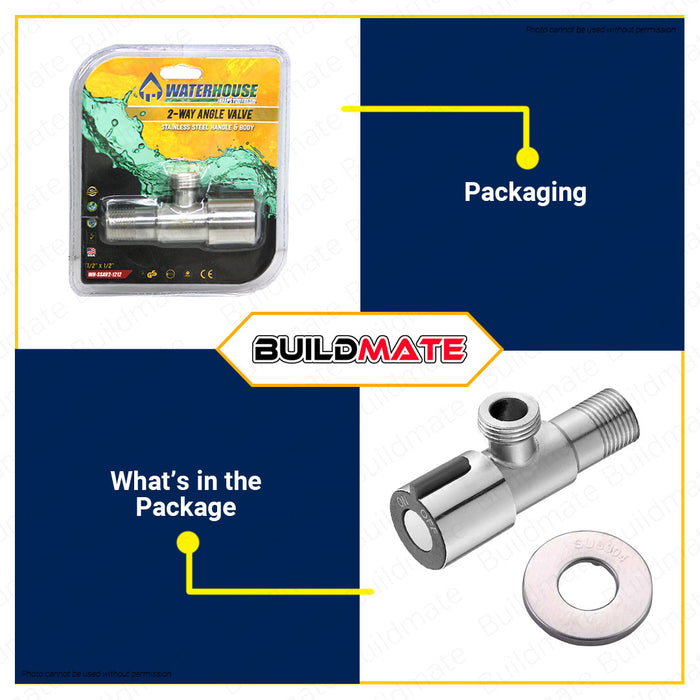 BUILDMATE Waterhouse 2Way Angle Valve 1/2"x1/2" Heavy Duty Push Fit Angle Stop Valve Stainless 304 Water Shut Off Ball Valve for Water Pipes Lead-Free, For Faucet Shutoff Valve WH-SSAV2-1212