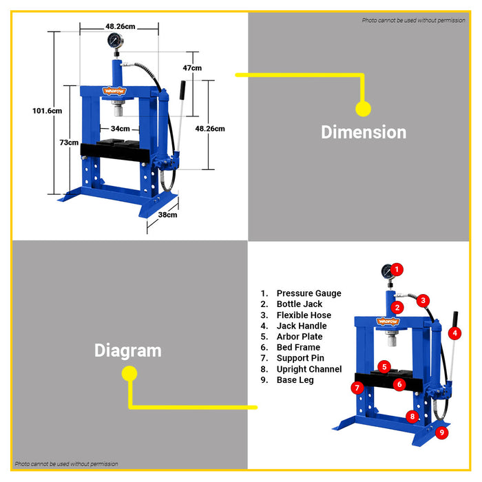 BUILDMATE Wadfow 10 Tons Hydraulic Shop Press Manual Hydraulic Press Tool WHQ1A10 - WPT