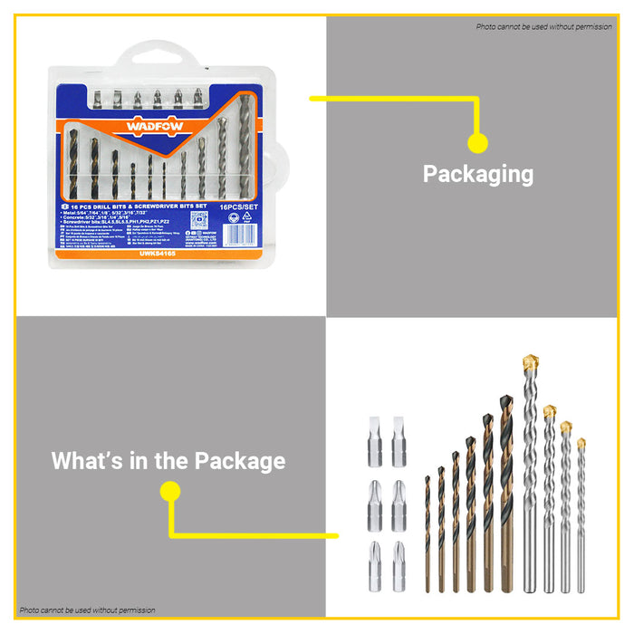 BUILDMATE Wadfow 16pcs Metal/Concrete Drill Bits & Screwdriver Bits Set Imperial / Metric DIY Tool Bit Assortment Accessories Kit For Home & Professional Use - WHT