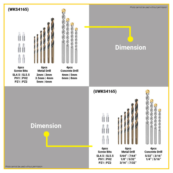 BUILDMATE Wadfow 16pcs Metal/Concrete Drill Bits & Screwdriver Bits Set Imperial / Metric DIY Tool Bit Assortment Accessories Kit For Home & Professional Use - WHT