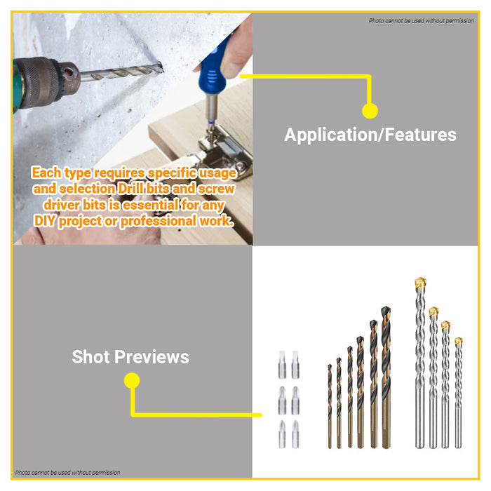 BUILDMATE Wadfow 16pcs Metal/Concrete Drill Bits & Screwdriver Bits Set Imperial / Metric DIY Tool Bit Assortment Accessories Kit For Home & Professional Use - WHT