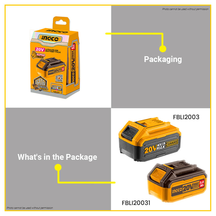 BUILDMATE Ingco 20V Lithium-Ion Battery Pack 5.0Ah Rechargeable Cordless Power Tool Battery FBLI2003 / FBLI20031 - ICPT