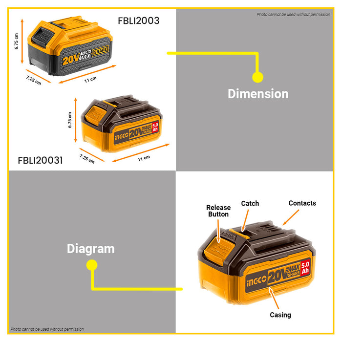 BUILDMATE Ingco 20V Lithium-Ion Battery Pack 5.0Ah Rechargeable Cordless Power Tool Battery FBLI2003 / FBLI20031 - ICPT