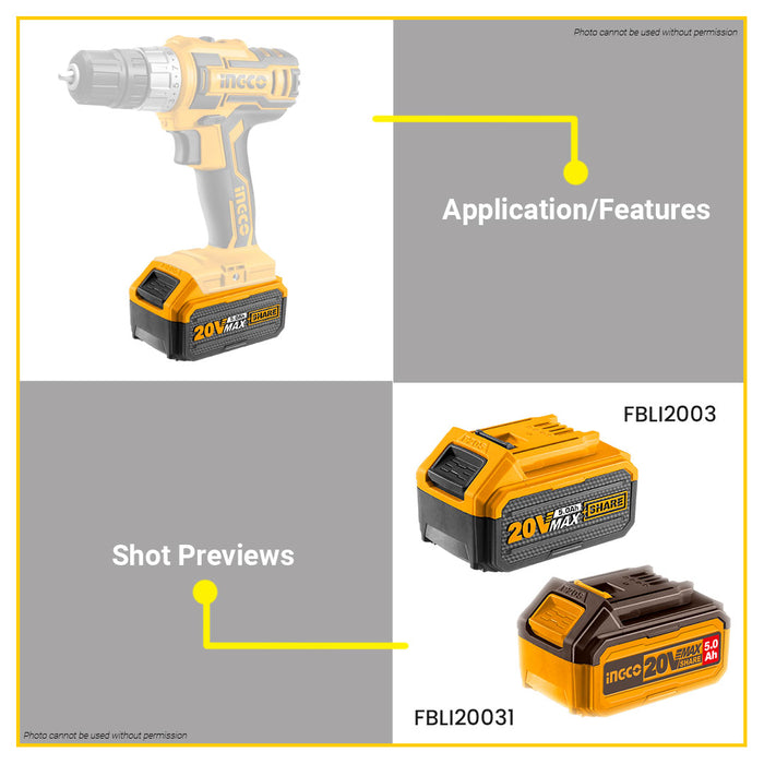 BUILDMATE Ingco 20V Lithium-Ion Battery Pack 5.0Ah Rechargeable Cordless Power Tool Battery FBLI2003 / FBLI20031 - ICPT