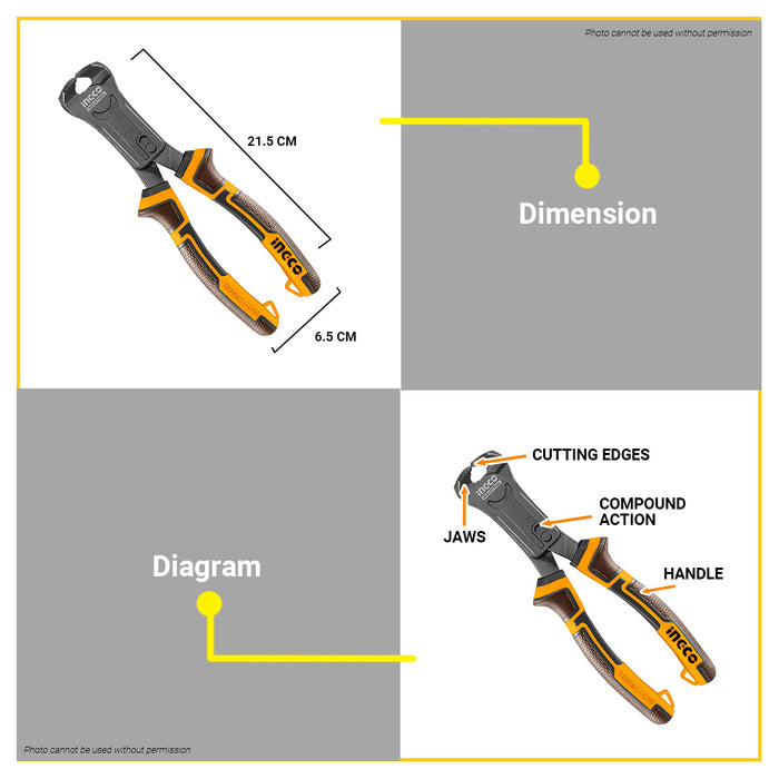 BUILDMATE Ingco Compound Action End Cutting Pliers 8.5" Cr-V Cable Wire Cutter Plier HCECP58200 - IHT