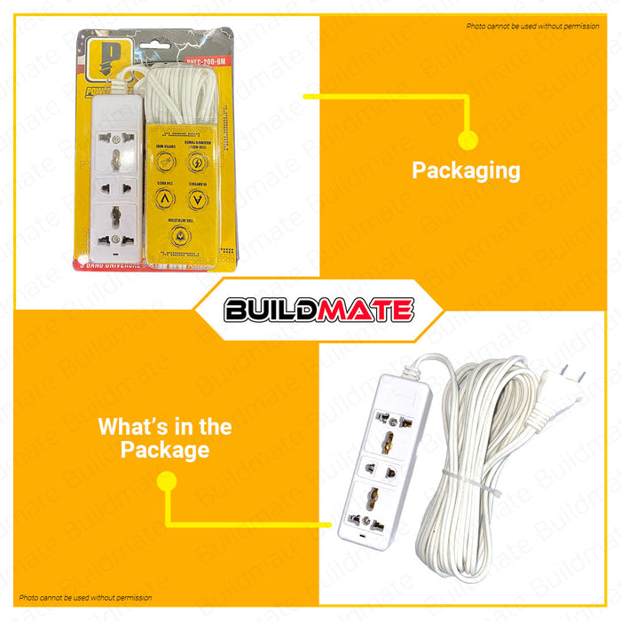 BUILDMATE Powerhouse 6M Electric Extension Cord 1250W 3-Gang Universal Outlet Power Strip 3 Way Power Extension PHEC-200-6M - PTWA
