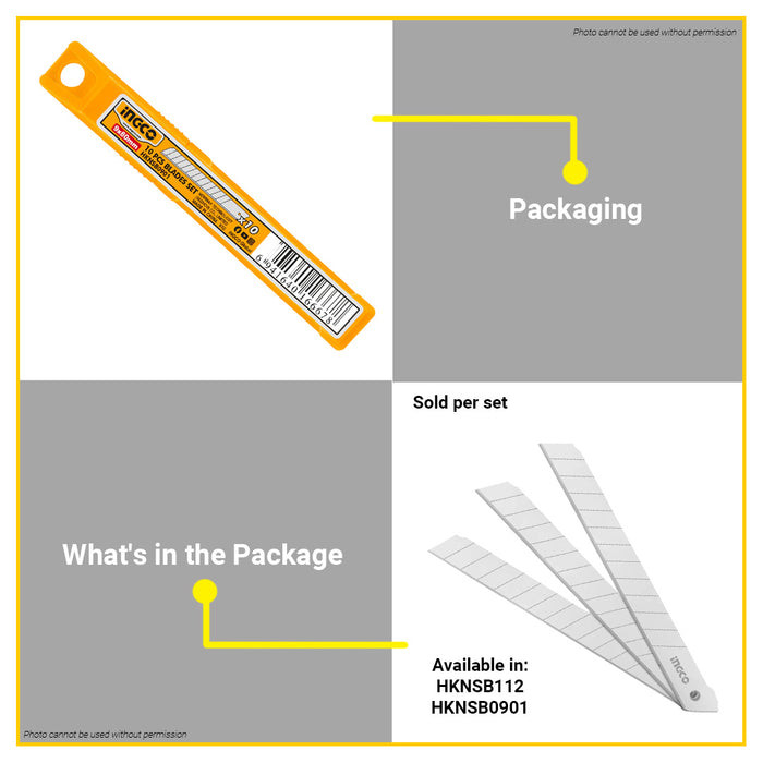 BUILDMATE Ingco 10pcs Knife Blades Set 9x80mm / 18x100mm Cutter Blade Knife Replacement Blades Standard Blades Utility Knife Blade - IHT